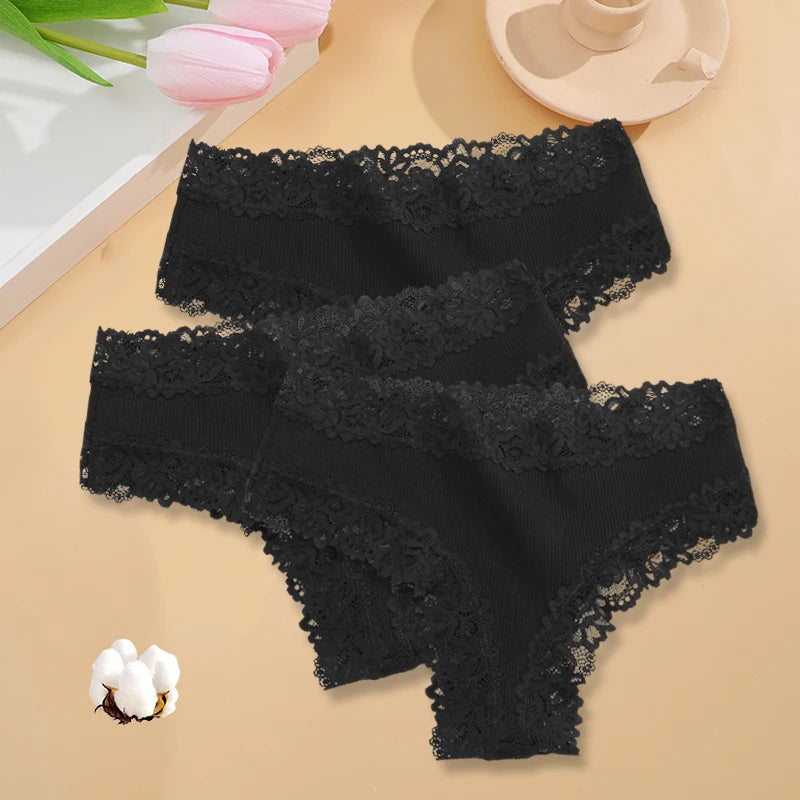 3-Pack Women's Lace Bikini Panties – Seamless Soft Cotton Underwear Set (Sizes S-XL)