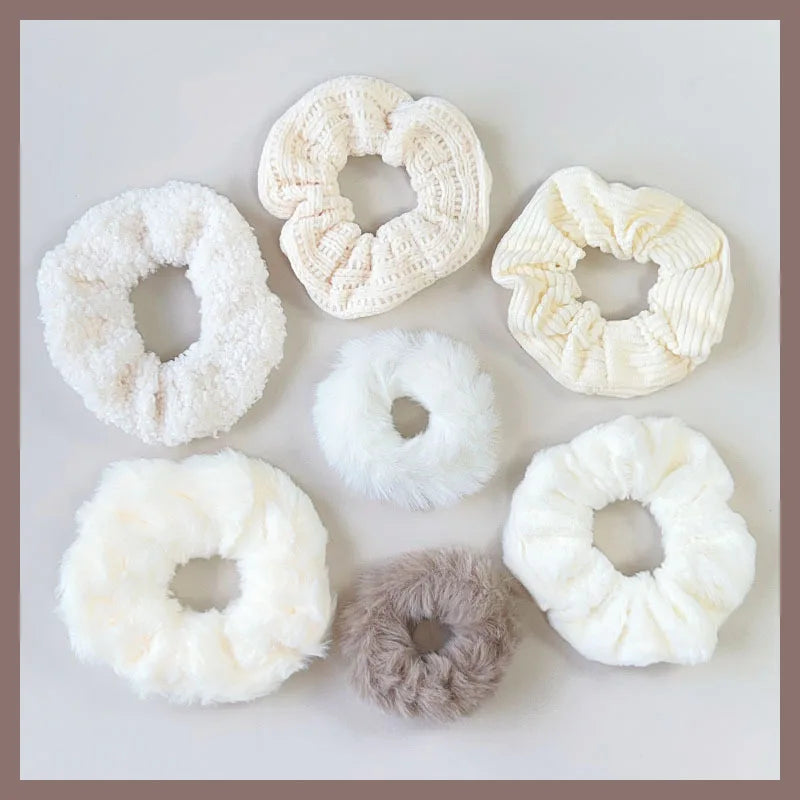 7 Pcs Plush Hair Scrunchies Set - Soft Fuzzy Ponytail Holders, Solid Color Hair Ties