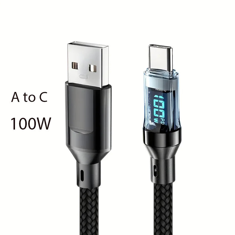 CUIDONG 100W/120W USB-C Fast Charging Cable with LED Display – USB-A to C & C to C (1m/2m)