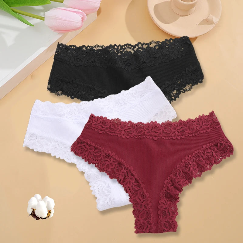 3-Pack Women's Lace Bikini Panties – Seamless Soft Cotton Underwear Set (Sizes S-XL)
