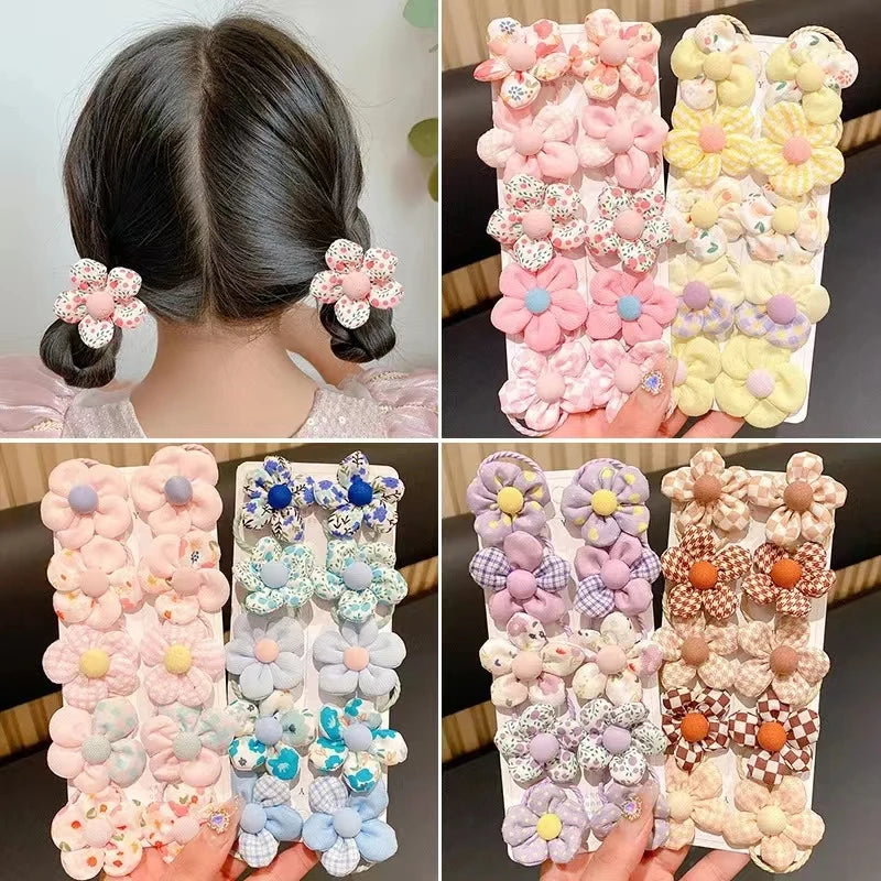 10Pcs Cute Flower Hair Bands Set – Soft Scrunchie Ponytail Holders for Baby Girls & Kids