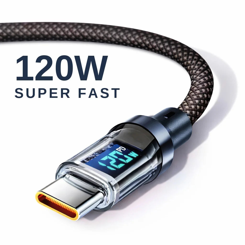 CUIDONG 100W/120W USB-C Fast Charging Cable with LED Display – USB-A to C & C to C (1m/2m)