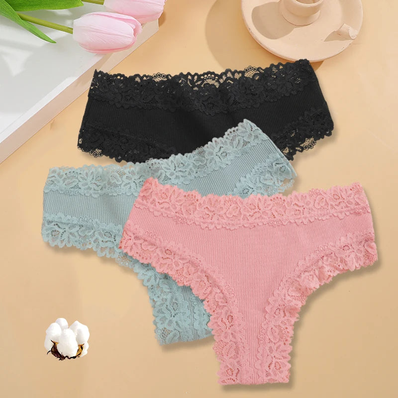 3-Pack Women's Lace Bikini Panties – Seamless Soft Cotton Underwear Set (Sizes S-XL)