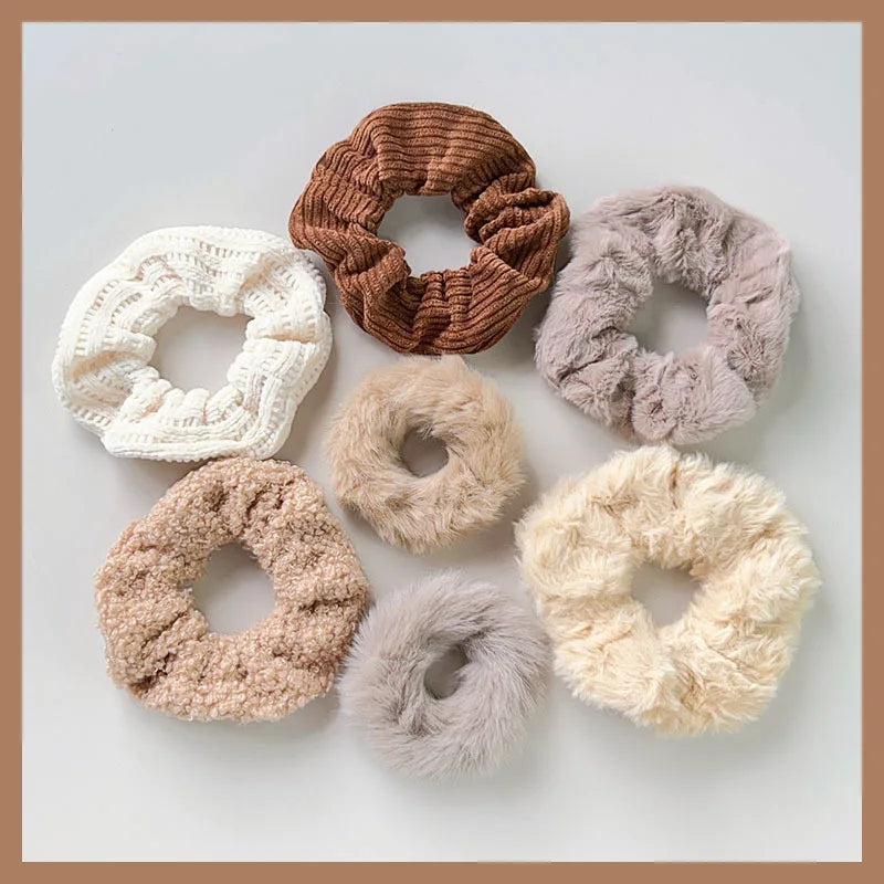 7 Pcs Plush Hair Scrunchies Set - Soft Fuzzy Ponytail Holders, Solid Color Hair Ties