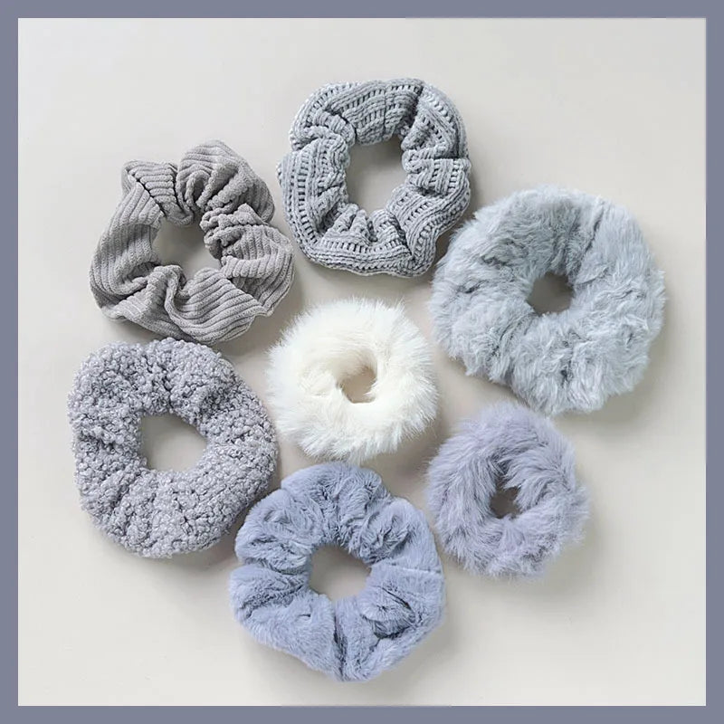7 Pcs Plush Hair Scrunchies Set - Soft Fuzzy Ponytail Holders, Solid Color Hair Ties
