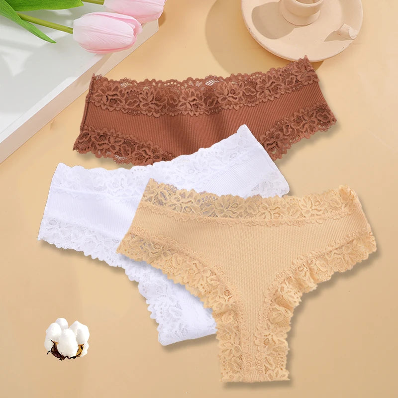 3-Pack Women's Lace Bikini Panties – Seamless Soft Cotton Underwear Set (Sizes S-XL)