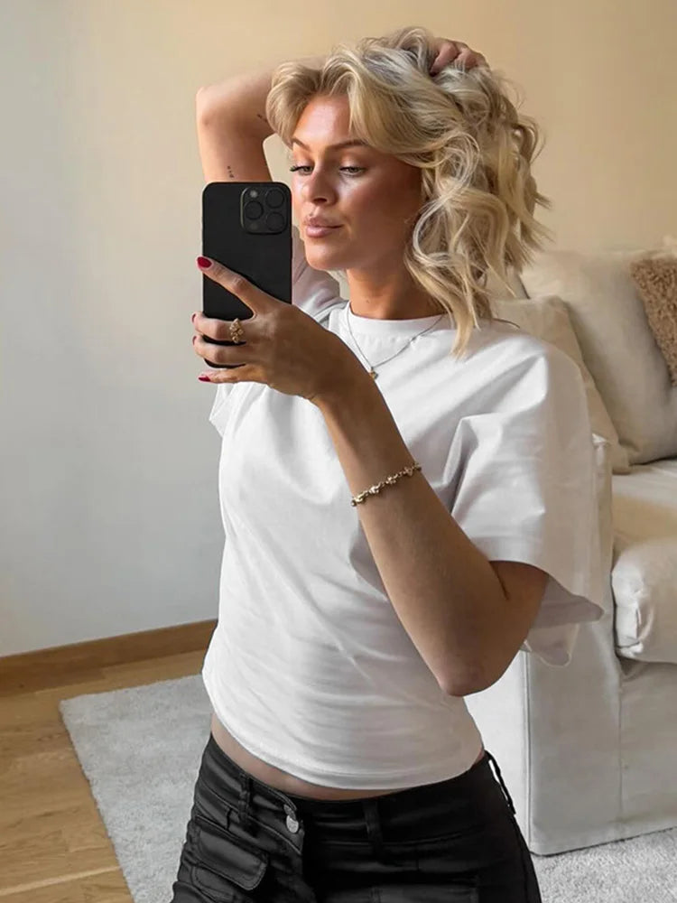 Women's Solid Crop Top T-Shirt | Stretch Round Neck Short Sleeve | Gray Black White