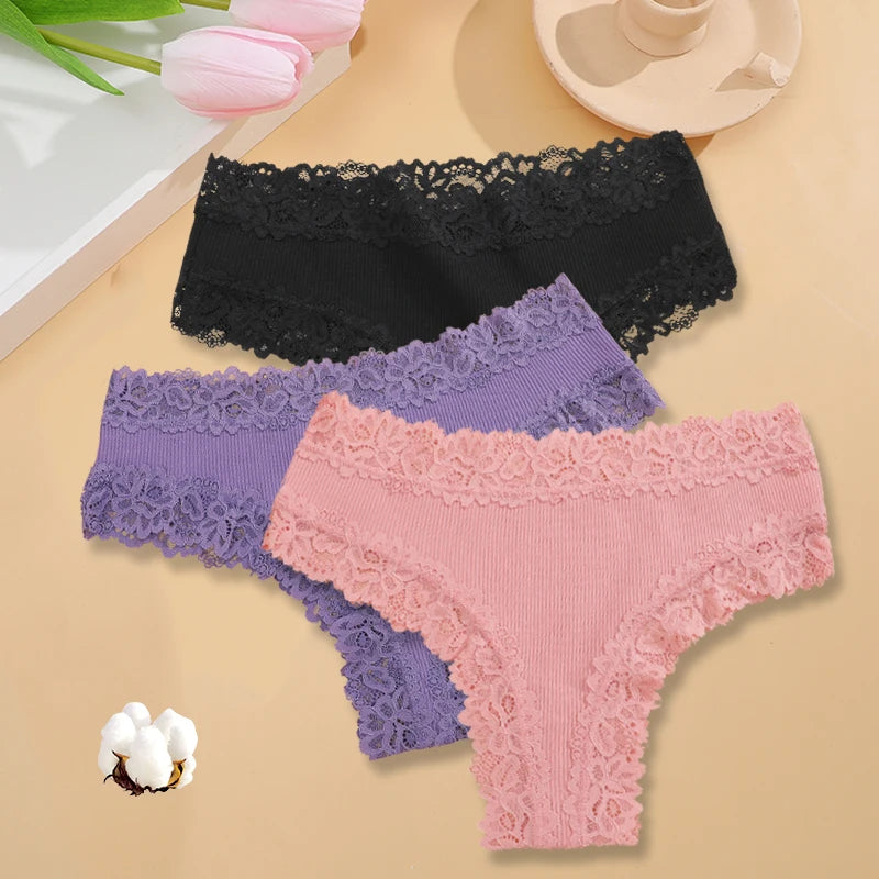 3-Pack Women's Lace Bikini Panties – Seamless Soft Cotton Underwear Set (Sizes S-XL)
