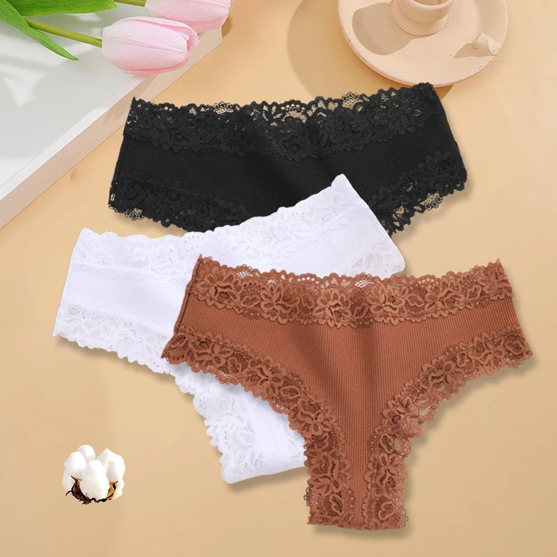 3-Pack Women's Lace Bikini Panties – Seamless Soft Cotton Underwear Set (Sizes S-XL)