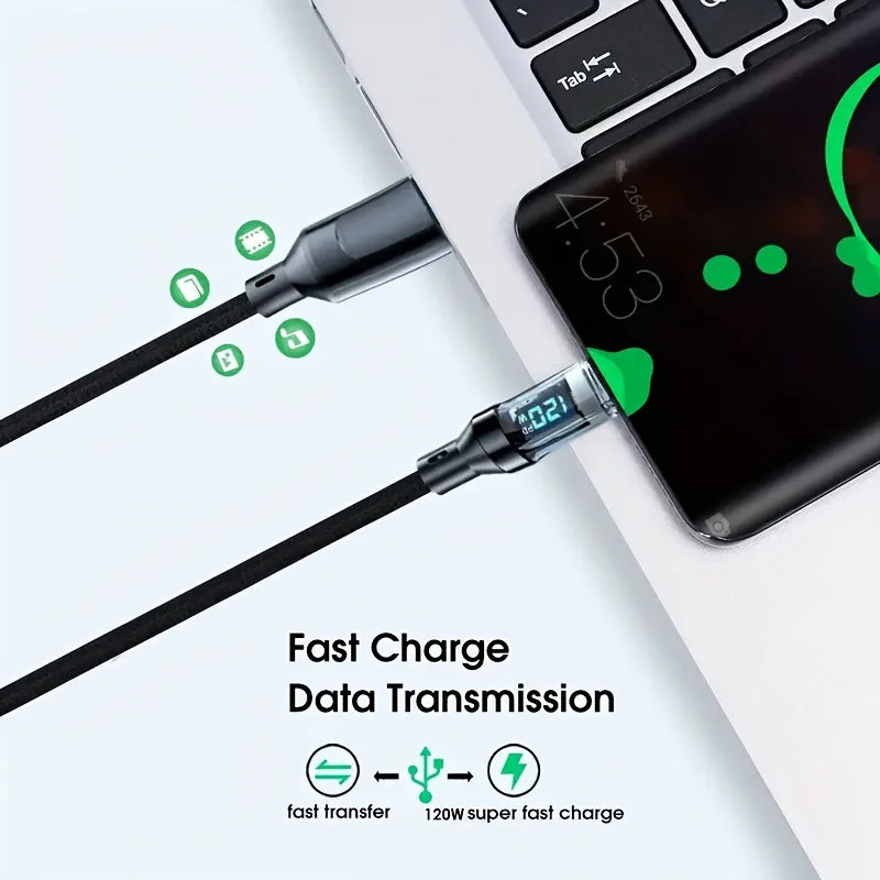 CUIDONG 100W/120W USB-C Fast Charging Cable with LED Display – USB-A to C & C to C (1m/2m)