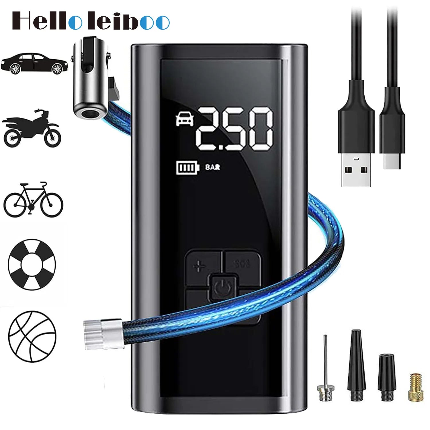 LEIBOO Portable Air Compressor – Fast Electric Tire Inflator for Car, Bike & Motorcycle