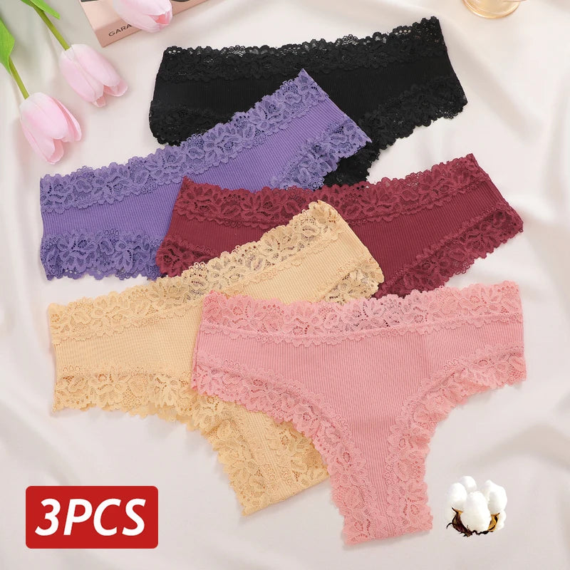 3-Pack Women's Lace Bikini Panties – Seamless Soft Cotton Underwear Set (Sizes S-XL)