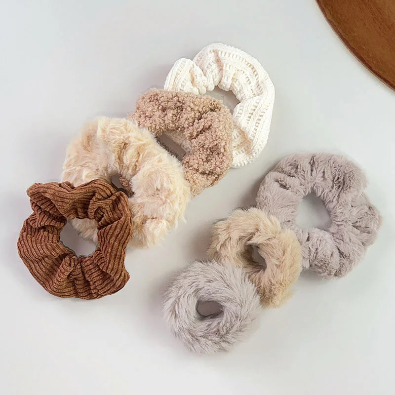 7 Pcs Plush Hair Scrunchies Set - Soft Fuzzy Ponytail Holders, Solid Color Hair Ties