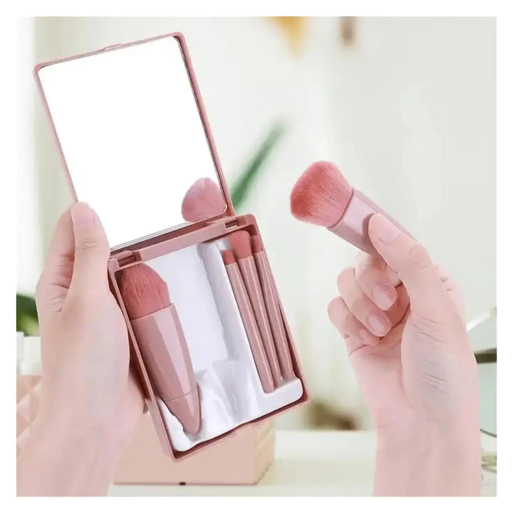 5pcs Mini Travel Makeup Brush Set – Complete Face Brush Kit with Mirror Storage Case