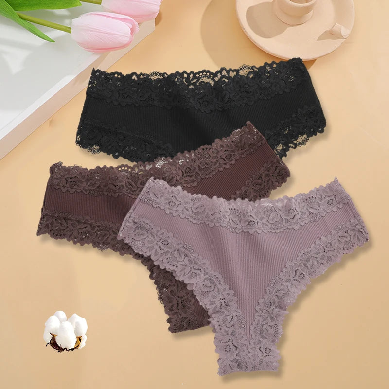 3-Pack Women's Lace Bikini Panties – Seamless Soft Cotton Underwear Set (Sizes S-XL)