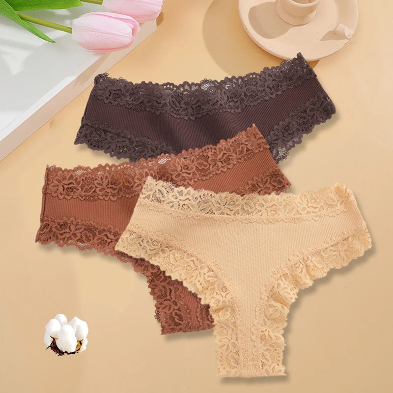 3-Pack Women's Lace Bikini Panties – Seamless Soft Cotton Underwear Set (Sizes S-XL)