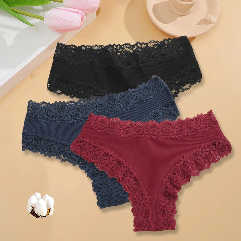 3-Pack Women's Lace Bikini Panties – Seamless Soft Cotton Underwear Set (Sizes S-XL)