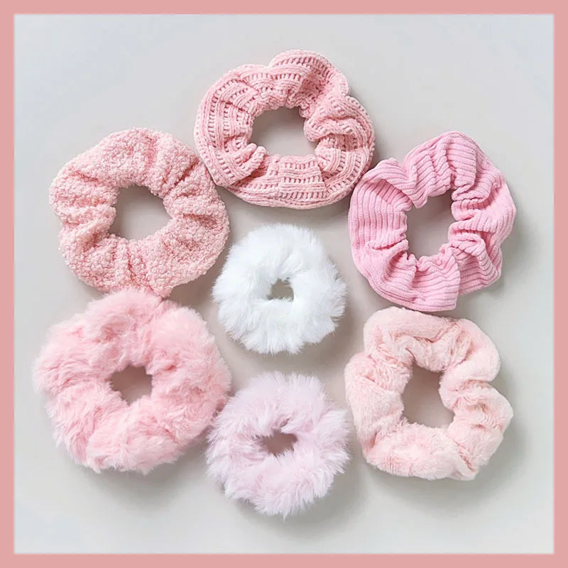 7 Pcs Plush Hair Scrunchies Set - Soft Fuzzy Ponytail Holders, Solid Color Hair Ties
