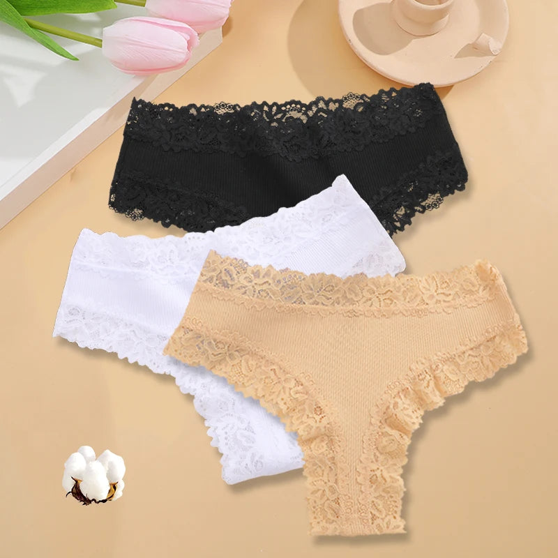 3-Pack Women's Lace Bikini Panties – Seamless Soft Cotton Underwear Set (Sizes S-XL)