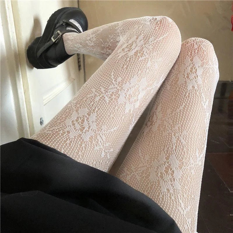 Floral Lace Mesh Pantyhose - Hollowed Out Stockings, One Size