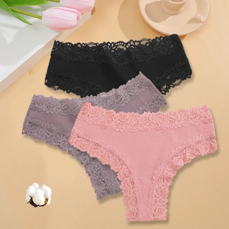 3-Pack Women's Lace Bikini Panties – Seamless Soft Cotton Underwear Set (Sizes S-XL)