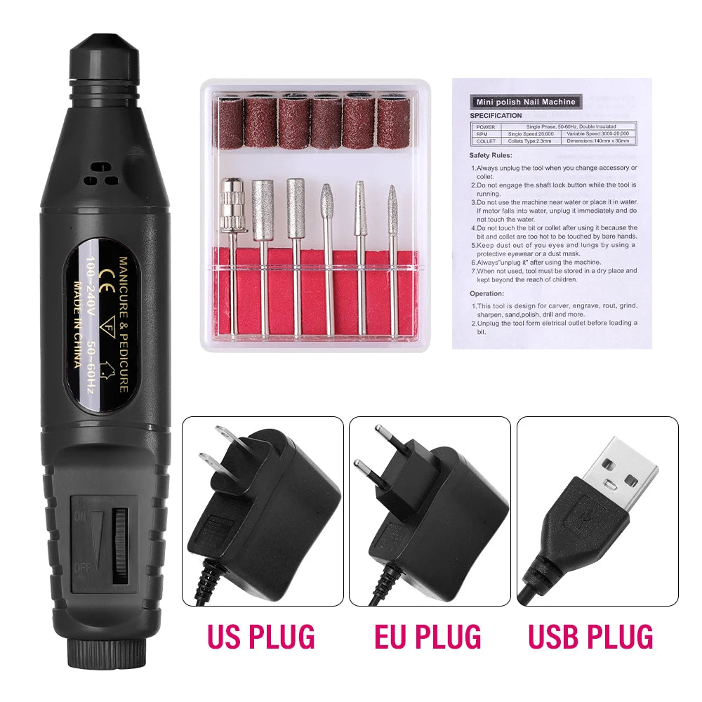 Electric Nail Drill Machine – Professional Manicure Tool with 6 Colors & EU/US/USB Plug