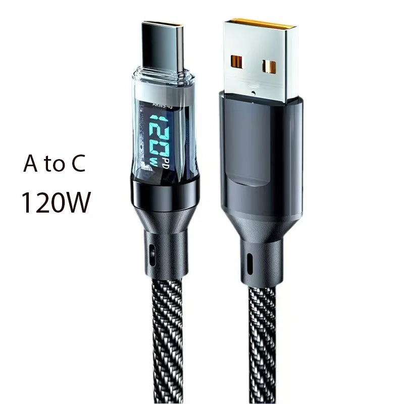 CUIDONG 100W/120W USB-C Fast Charging Cable with LED Display – USB-A to C & C to C (1m/2m)