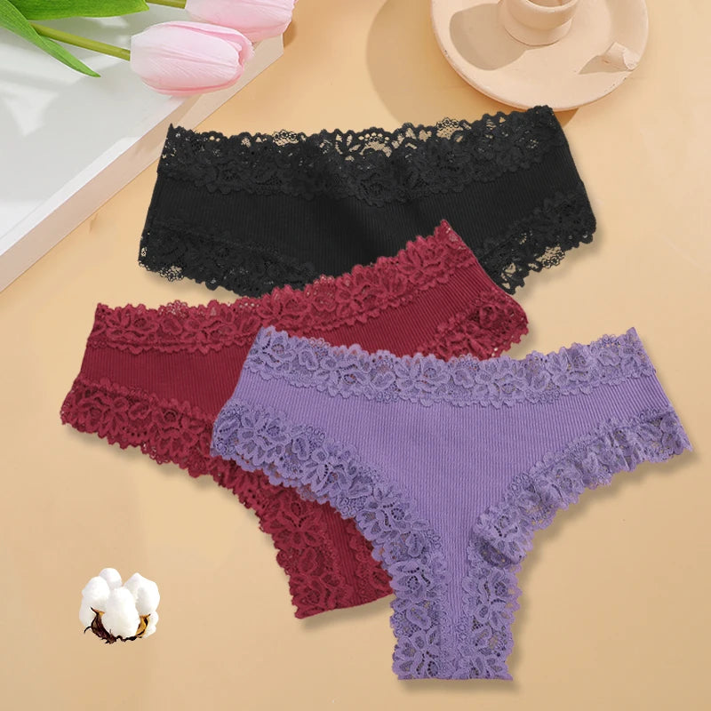 3-Pack Women's Lace Bikini Panties – Seamless Soft Cotton Underwear Set (Sizes S-XL)