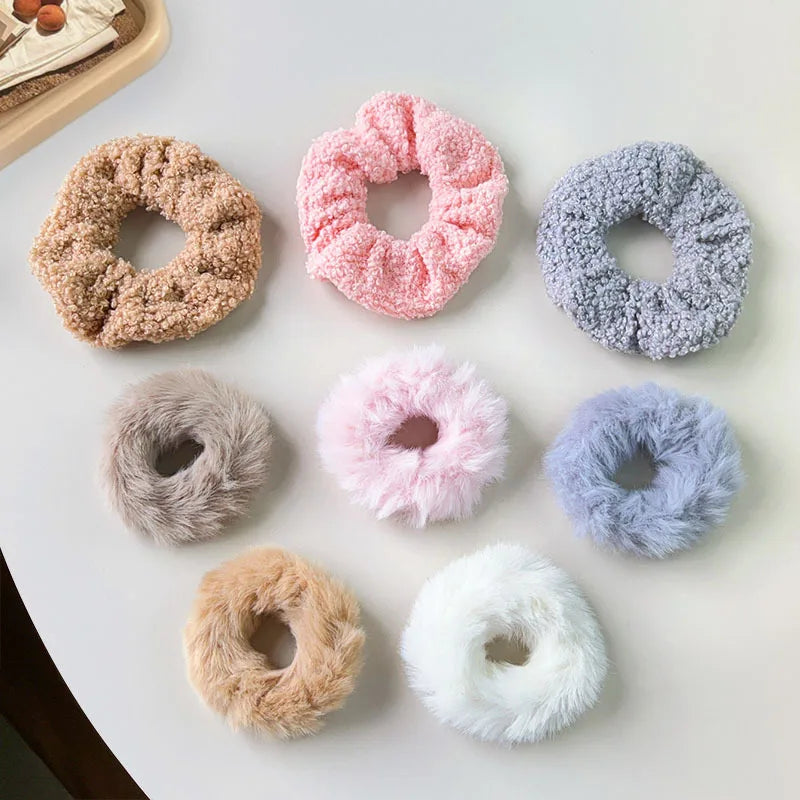 7 Pcs Plush Hair Scrunchies Set - Soft Fuzzy Ponytail Holders, Solid Color Hair Ties