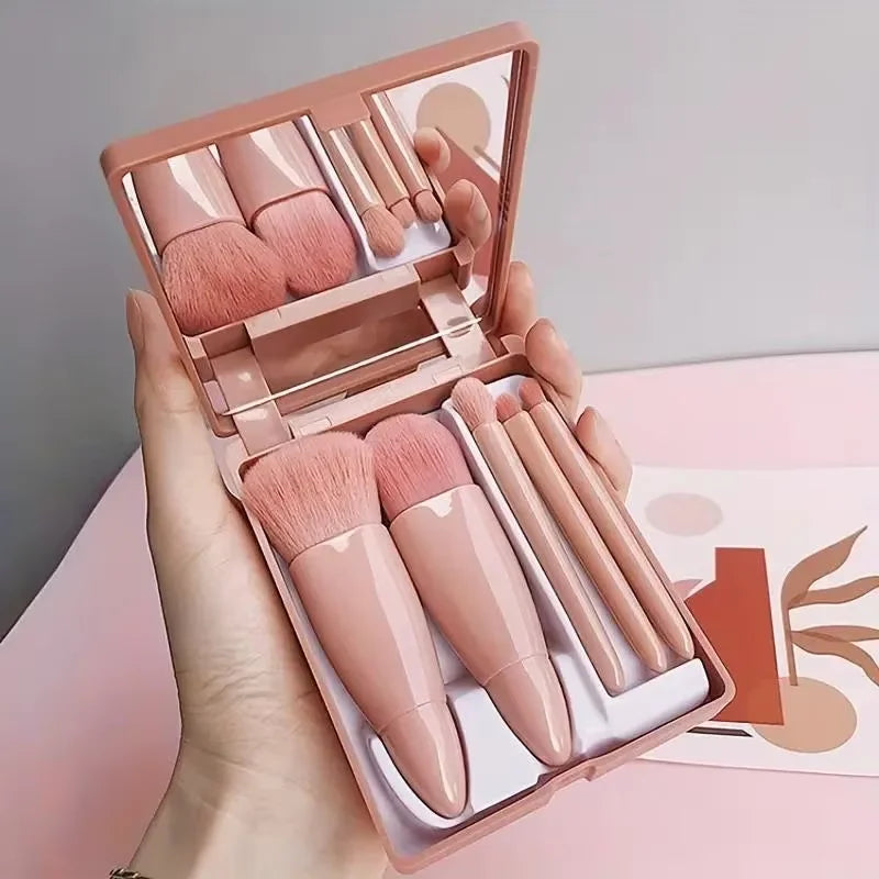 5pcs Mini Travel Makeup Brush Set – Complete Face Brush Kit with Mirror Storage Case