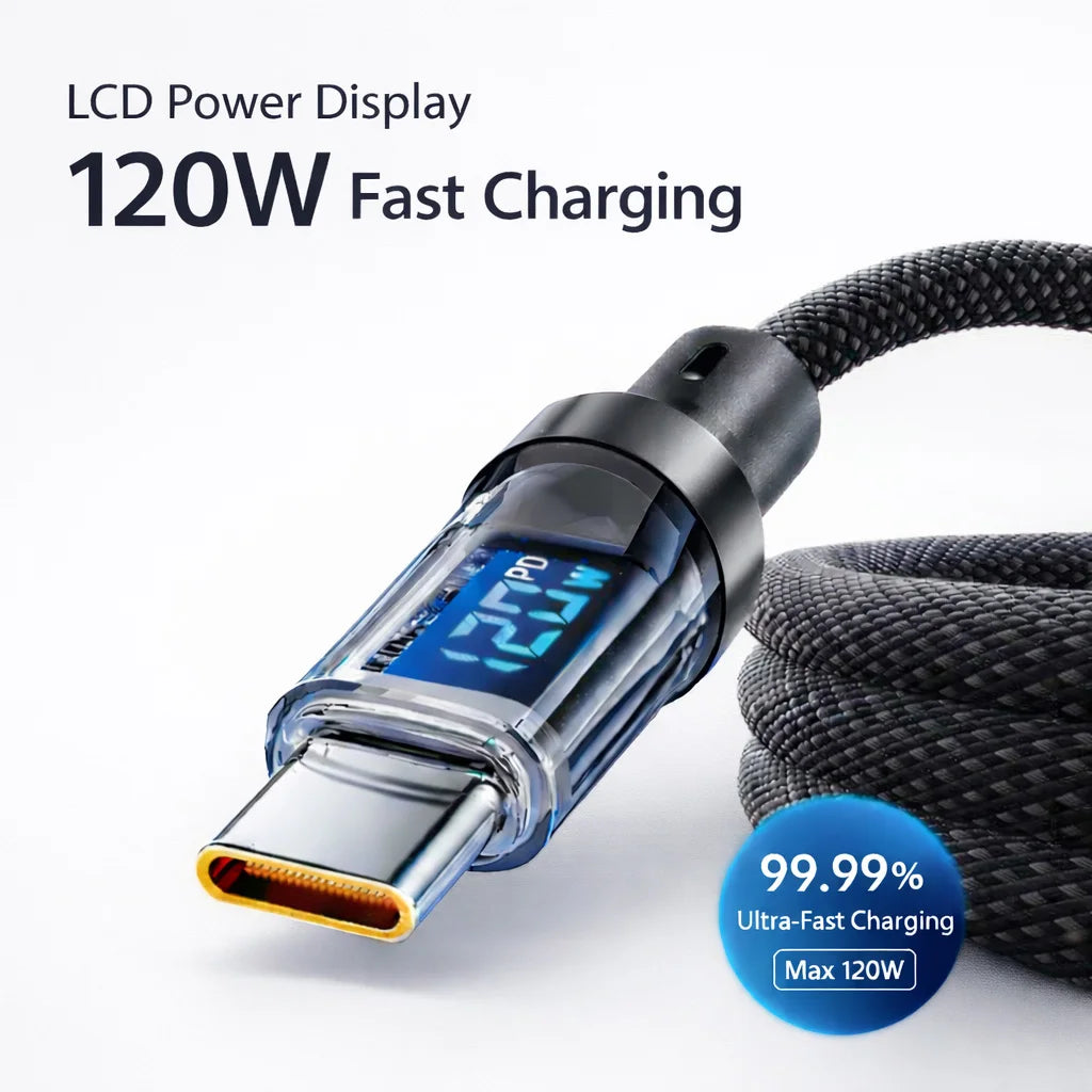 CUIDONG 100W/120W USB-C Fast Charging Cable with LED Display – USB-A to C & C to C (1m/2m)