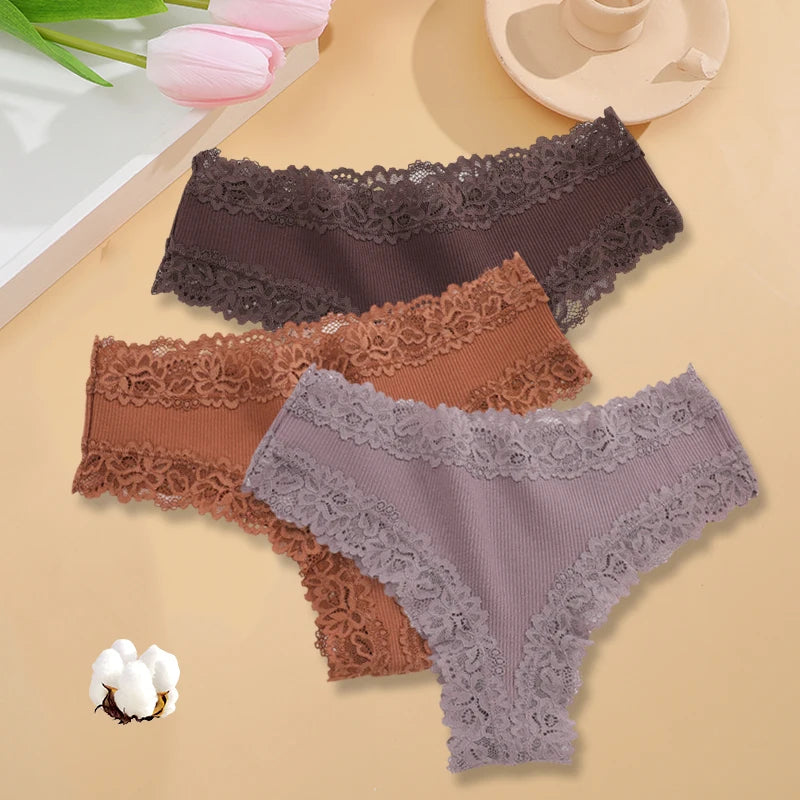 3-Pack Women's Lace Bikini Panties – Seamless Soft Cotton Underwear Set (Sizes S-XL)