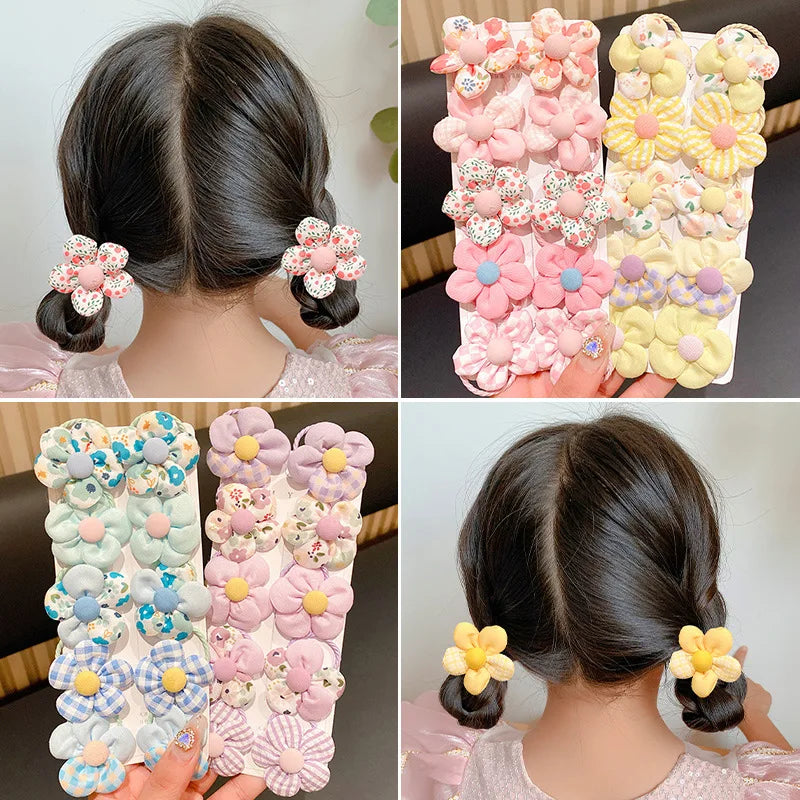 10Pcs Cute Flower Hair Bands Set – Soft Scrunchie Ponytail Holders for Baby Girls & Kids